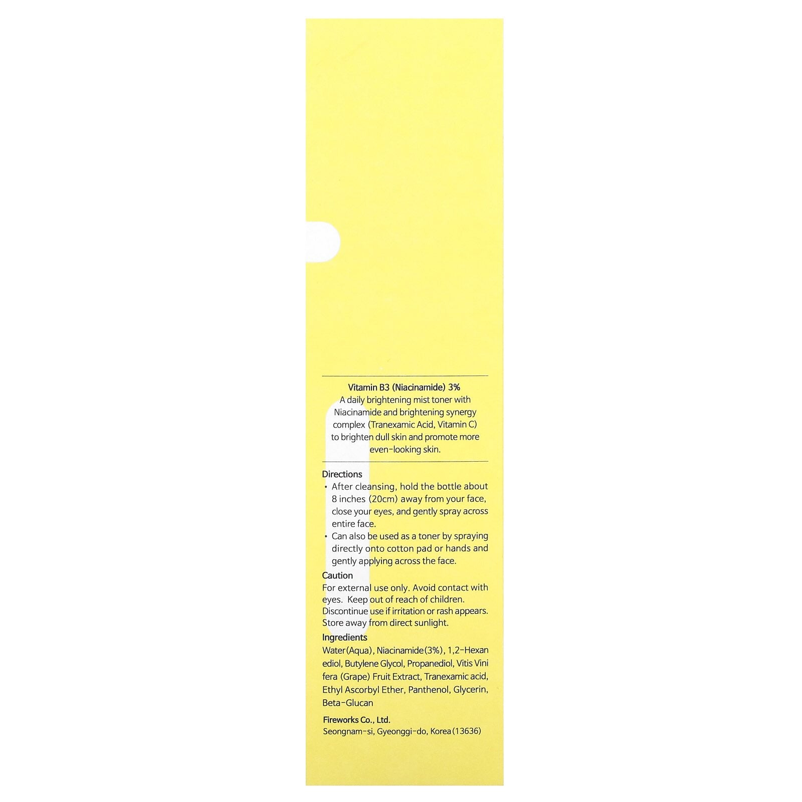 TIAM Vita B3 Mist Toner label showing ingredients and usage instructions for brightening and hydrating face mist.