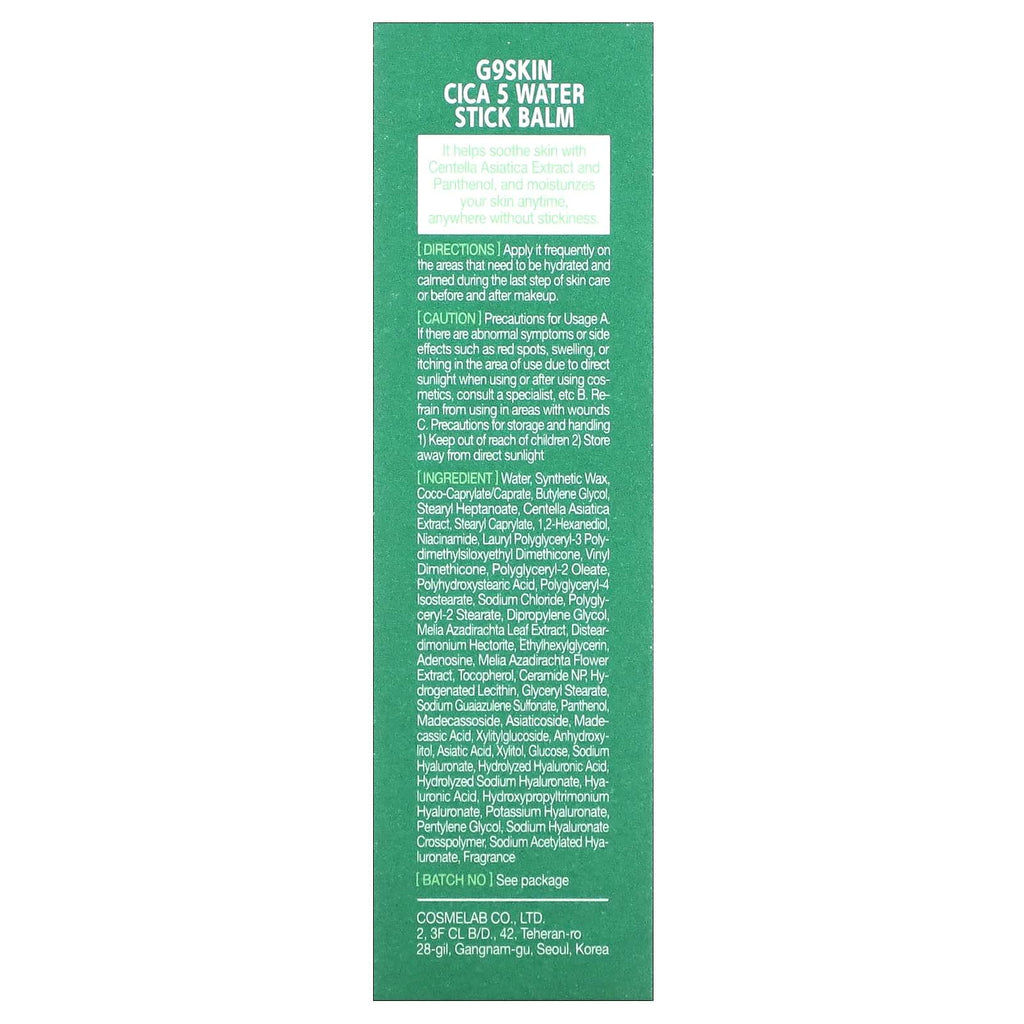 G9Skin Cica 5 Water Stick Balm – 0.38 oz | Calming & Hydrating On-the-Go Moisture Balm with Centella Asiatica
