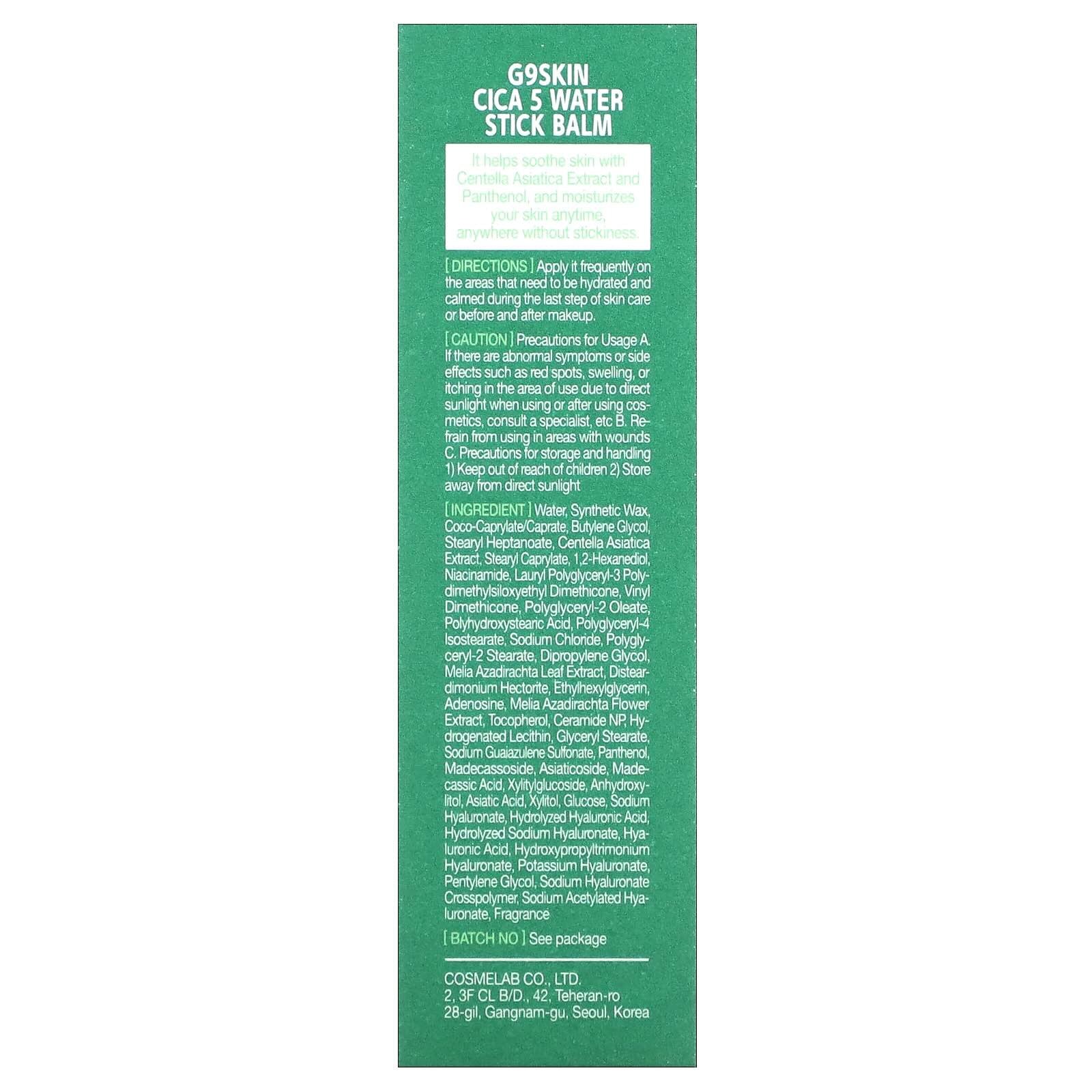 G9Skin Cica 5 Water Stick Balm – 0.38 oz | Calming & Hydrating On-the-Go Moisture Balm with Centella Asiatica