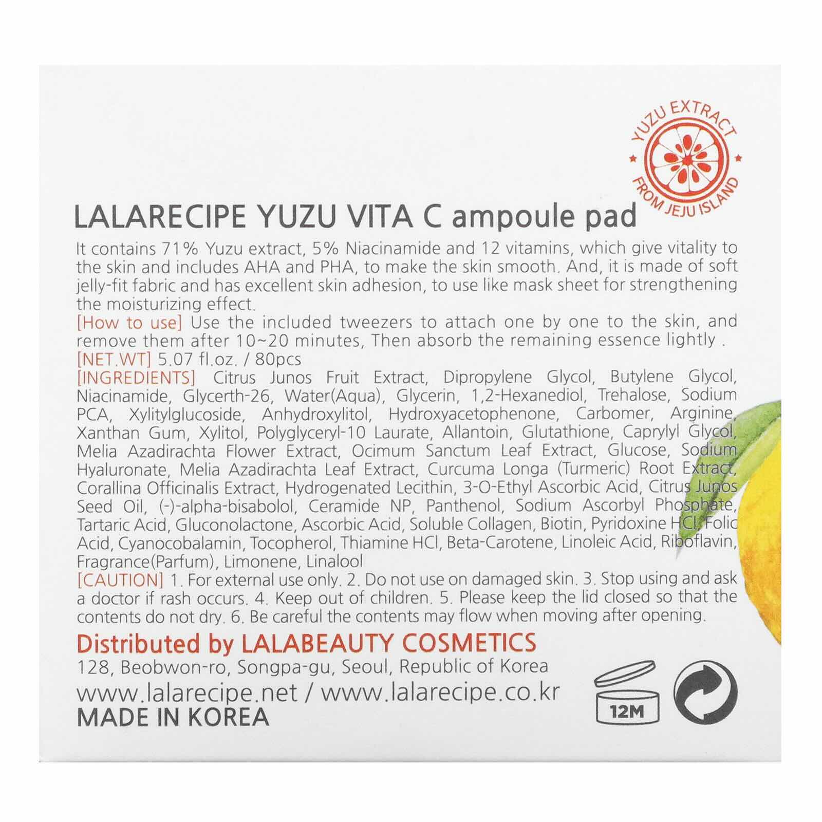LaLaRecipe Yuzu Vita‑C Ampoule Pad – 80 Pads, 150 ml