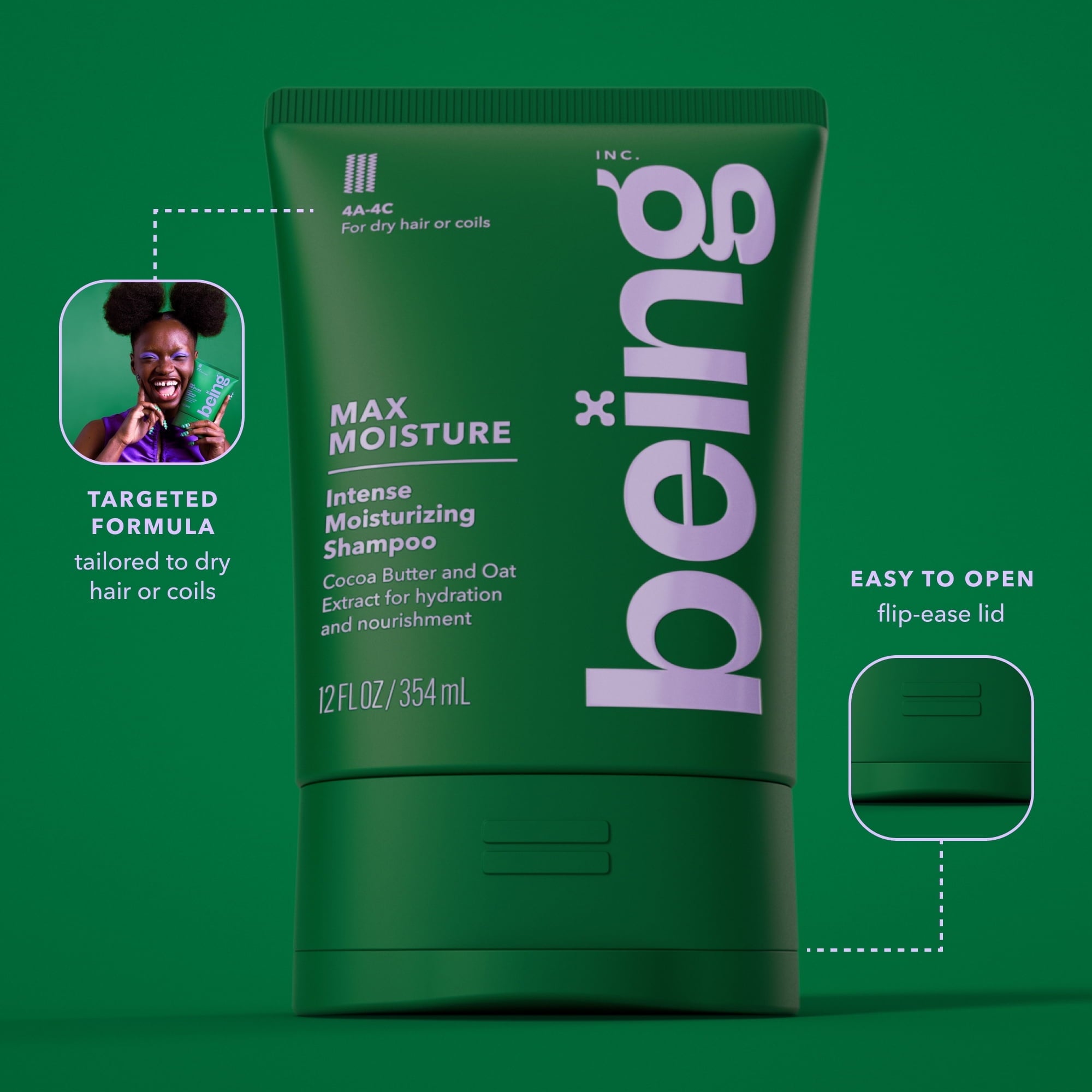 Being MAX MOISTURE Moisturizing Shampoo – For Dry Hair & Coils with Cocoa & Oat Extract, 12 fl oz