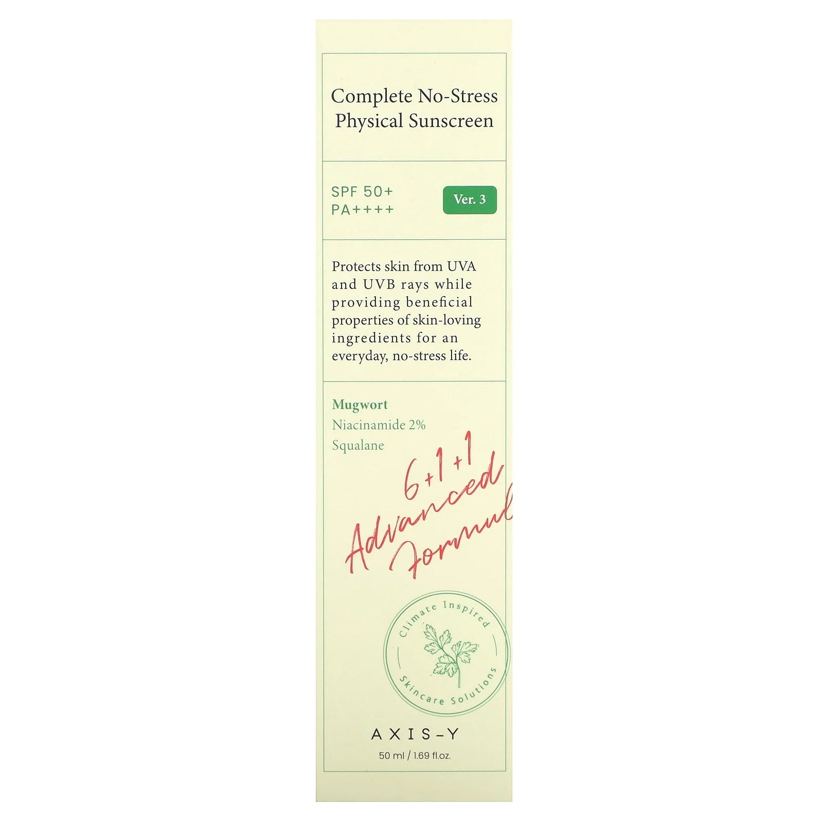 AXIS-Y Complete No-Stress Physical Sunscreen SPF 50+ PA++++ – Calming Broad-Spectrum Sun Protection, 1.69 fl oz / 50ml 