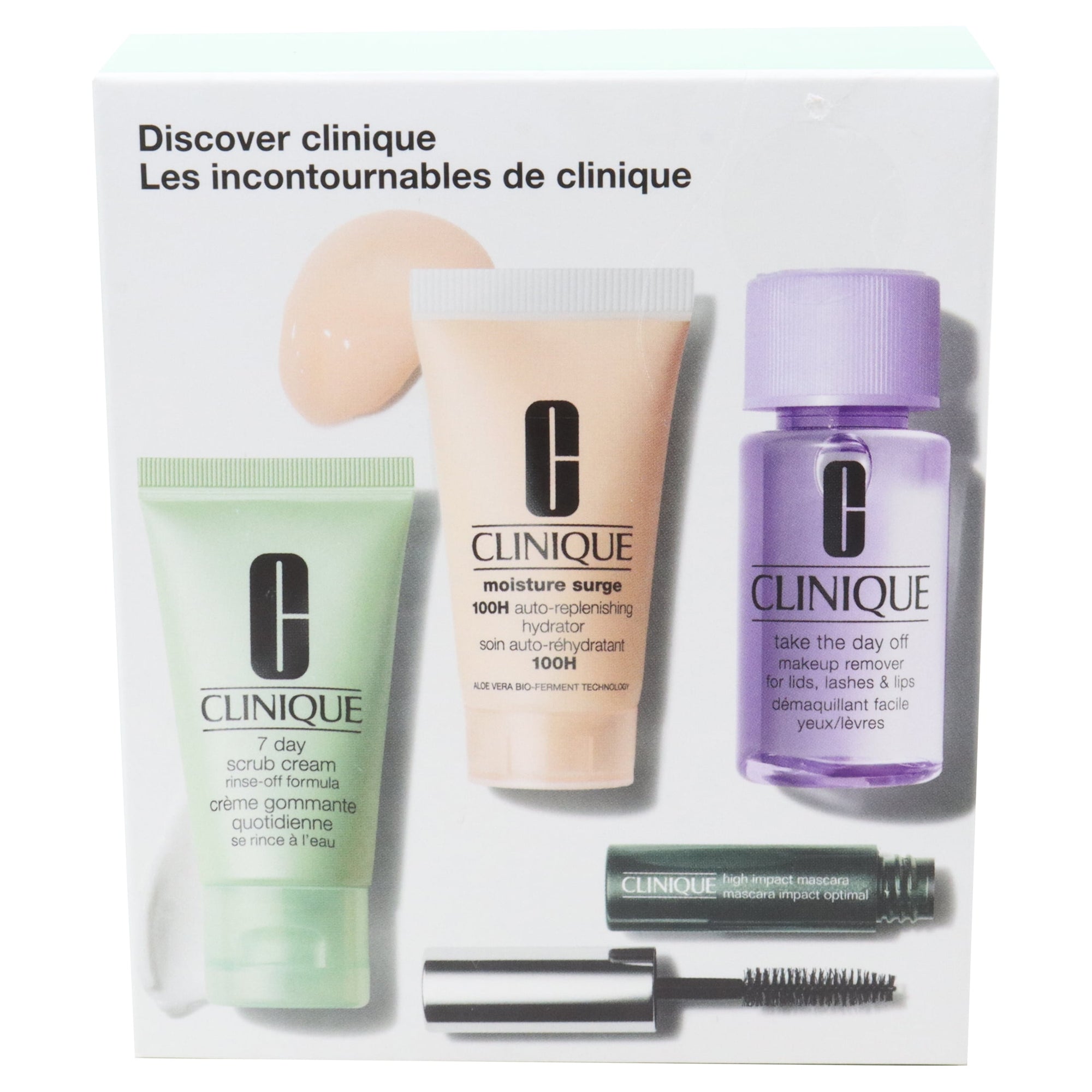 Clinique 4-Piece All-Stars Skincare & Makeup Set | Hydrator, Scrub, Makeup Remover & Mascara | Travel-Size Favorites