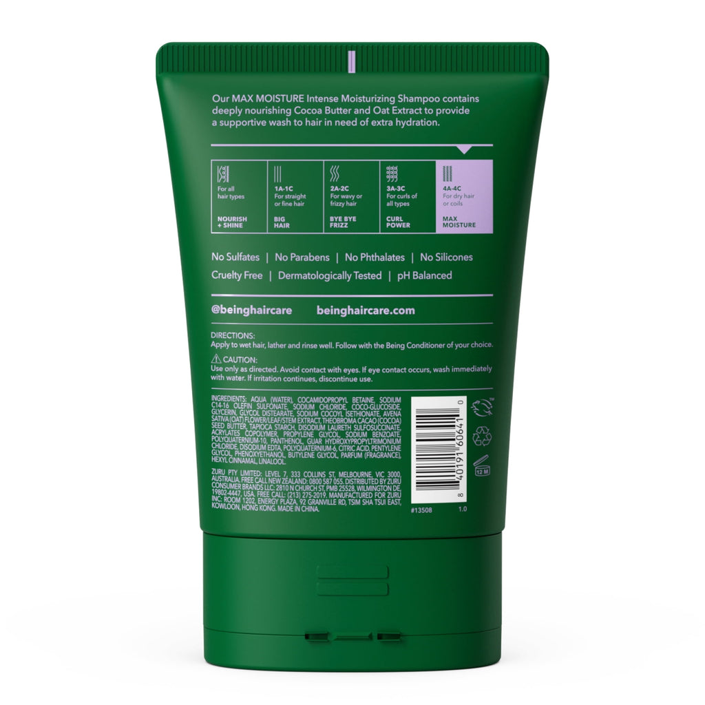 Being MAX MOISTURE Moisturizing Shampoo – For Dry Hair & Coils with Cocoa & Oat Extract, 12 fl oz