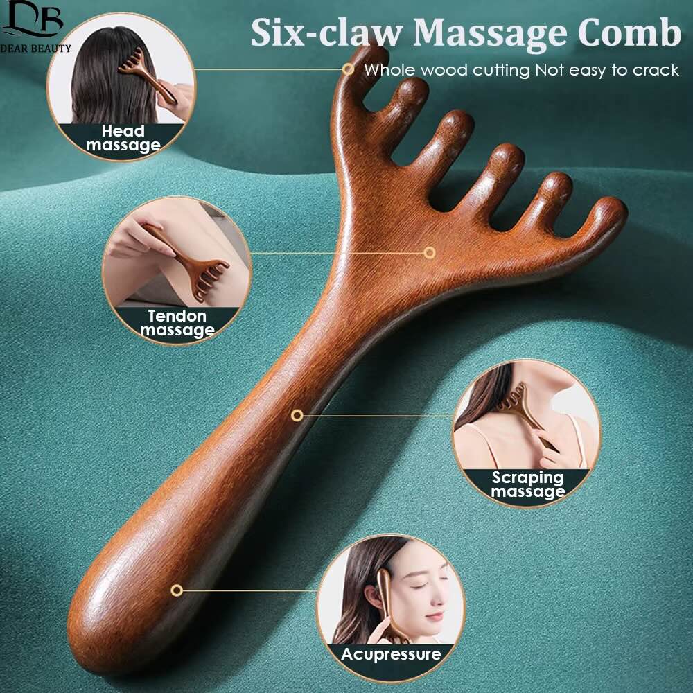 Six-Claw Sandalwood Gua Sha Massage Comb – Meridian Acupoint Tool for Face & Neck Lifting
