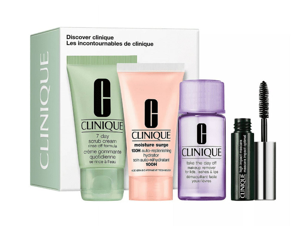 Clinique 4-Piece All-Stars Skincare & Makeup Set | Hydrator, Scrub, Makeup Remover & Mascara | Travel-Size Favorites