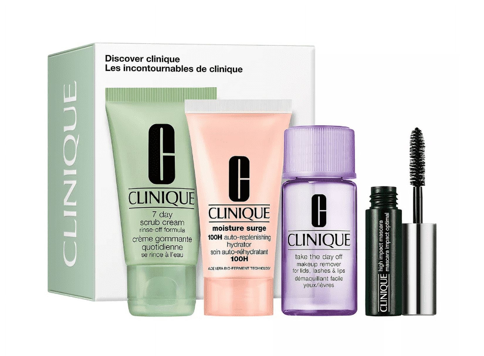 Clinique 4-Piece All-Stars Skincare & Makeup Set | Hydrator, Scrub, Makeup Remover & Mascara | Travel-Size Favorites