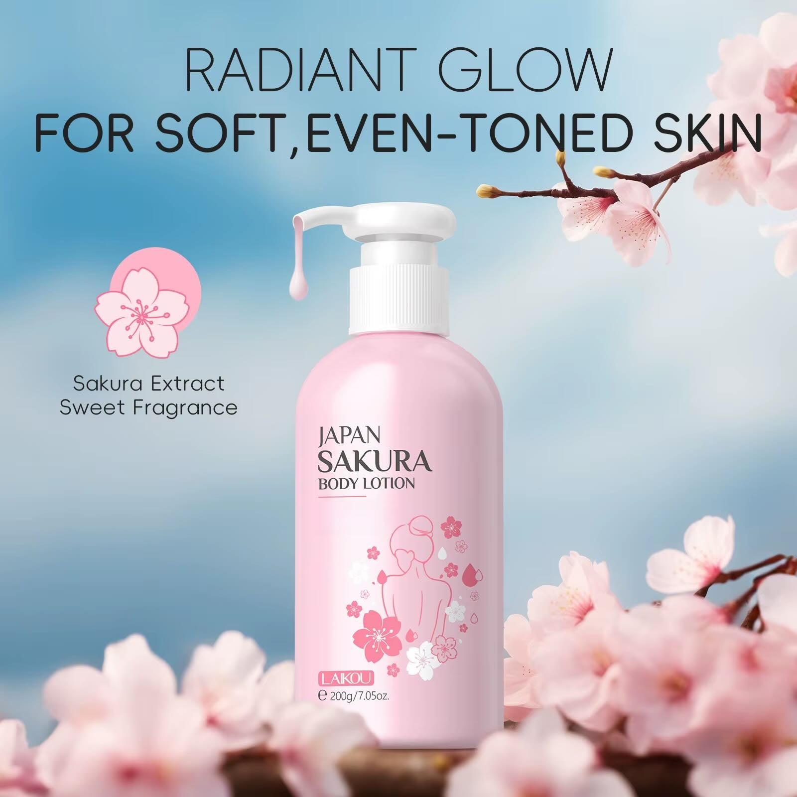 LAIKOU Japan Sakura Cherry Blossom Body Cream – Deep Moisturizing Lotion for Smooth & Radiant Skin, 200g | Daily Skincare Essential & Holiday Gift Idea