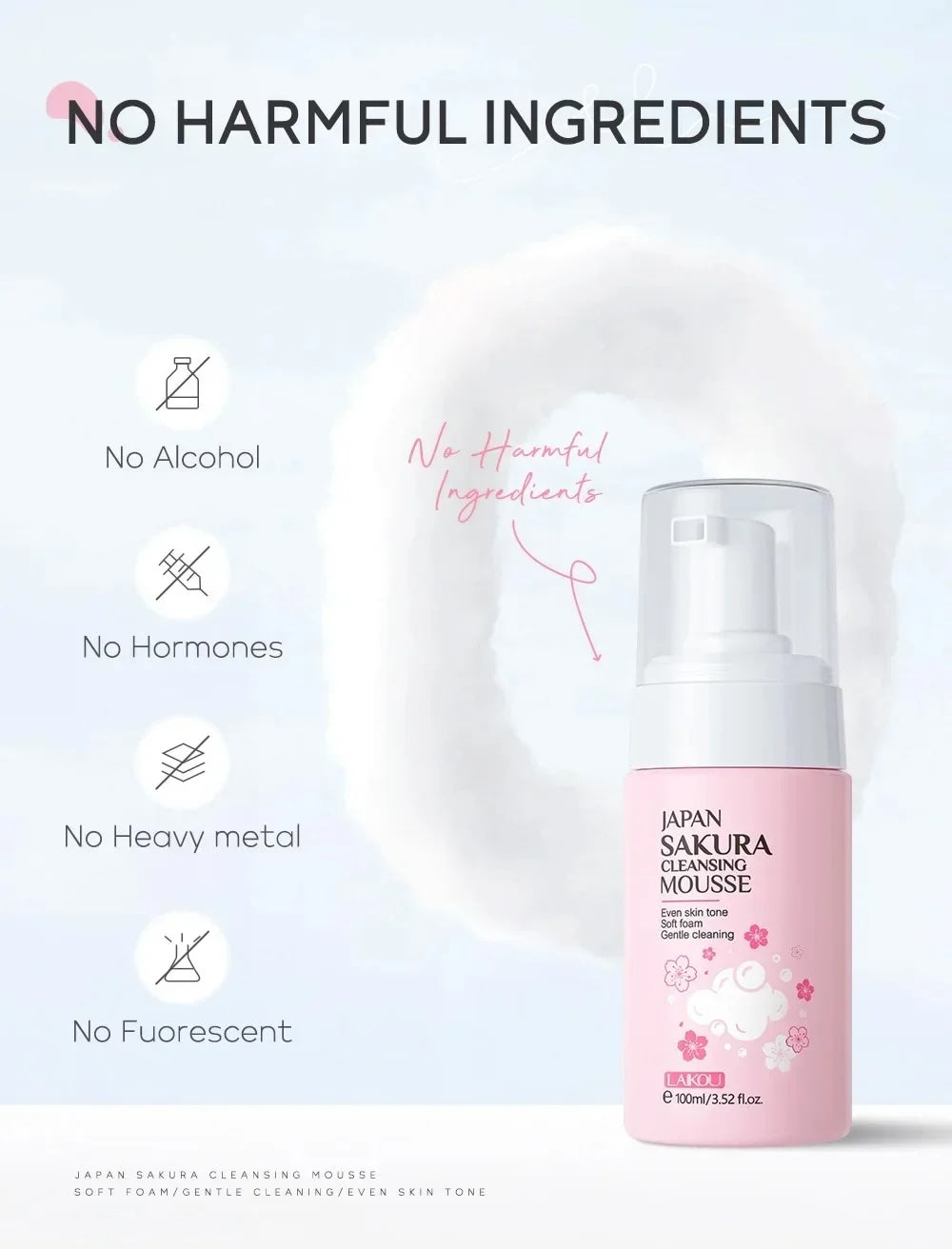LAIKOU Japan Sakura Cherry Blossom Facial Cleanser Mousse – Gentle Foaming Face Wash for Women, 100ml