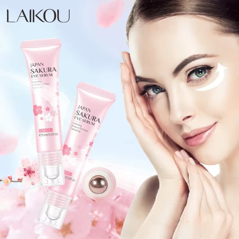 LAIKOU Sakura Eye Serum with Roller – Hyaluronic Acid Eye Cream for Dark Circles, Puffiness & Moisturizing, 15ml