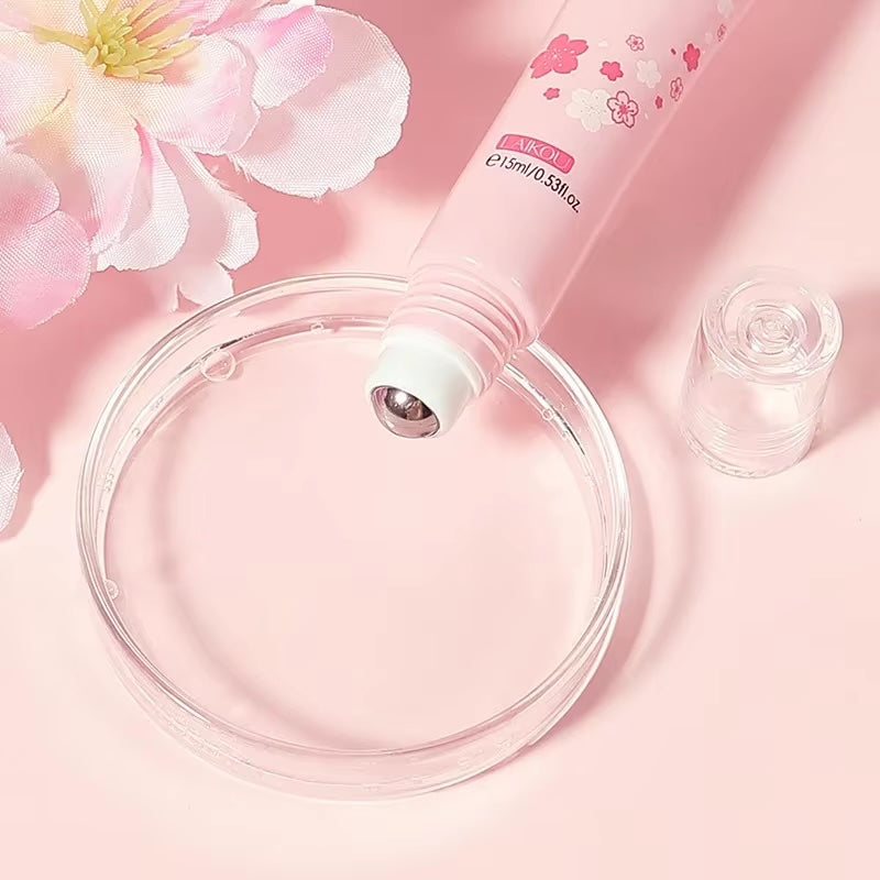 LAIKOU Sakura Eye Serum with Roller – Hyaluronic Acid Eye Cream for Dark Circles, Puffiness & Moisturizing, 15ml