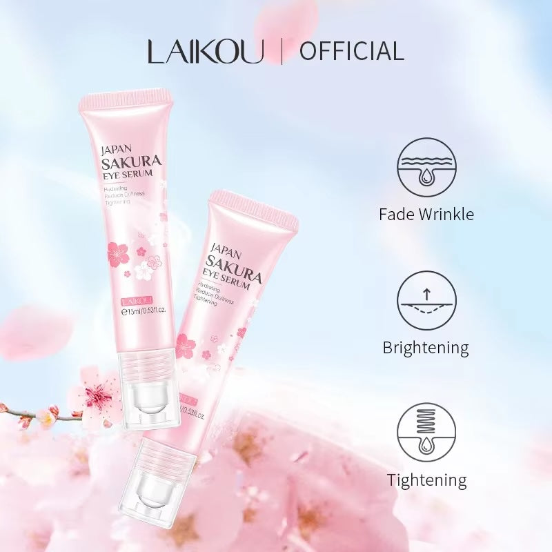 LAIKOU Sakura Eye Serum with Roller – Hyaluronic Acid Eye Cream for Dark Circles, Puffiness & Moisturizing, 15ml