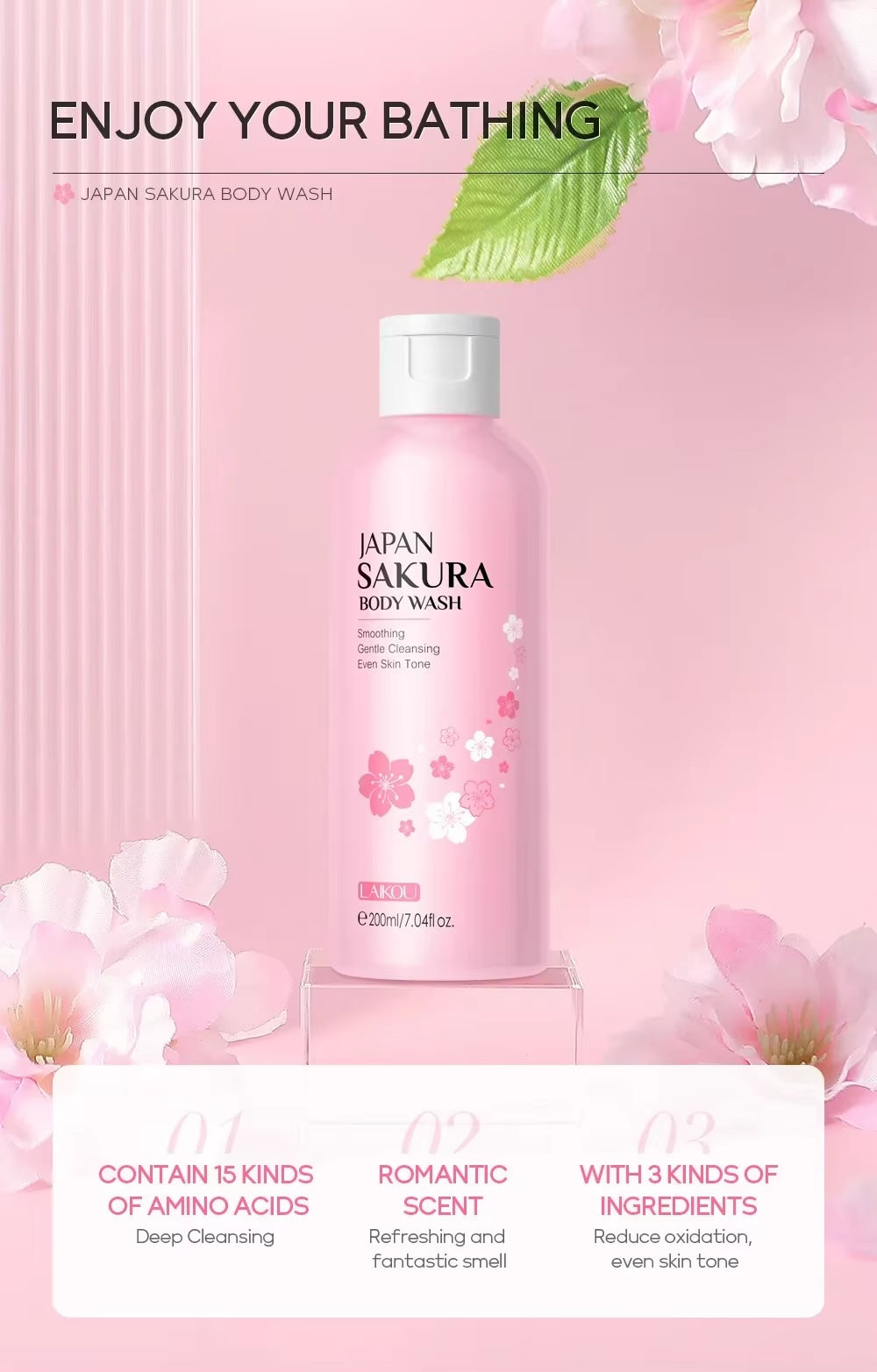 LAIKOU Japan Sakura Shower Gel – Gentle Foaming Body Wash with Long-Lasting Fragrance & Deep Moisturizing, 200ml
