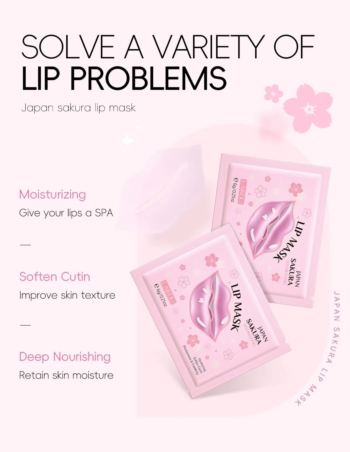 Laikou Japan Sakura Cherry Blossom Lip Mask – Hydrating Gel Patches for Dry Lips, Anti-Wrinkle and Nourishing Lip Treatment