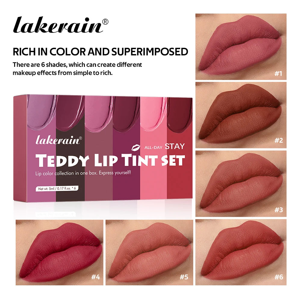 Lakerain Matte Teddy Lip Gloss Set – 6 Long-Lasting Waterproof Shades, Non-Stick & Smudge-Resistant Finish