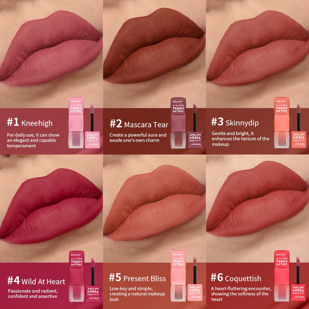 Lakerain Matte Teddy Lip Gloss Set – 6 Long-Lasting Waterproof Shades, Non-Stick & Smudge-Resistant Finish