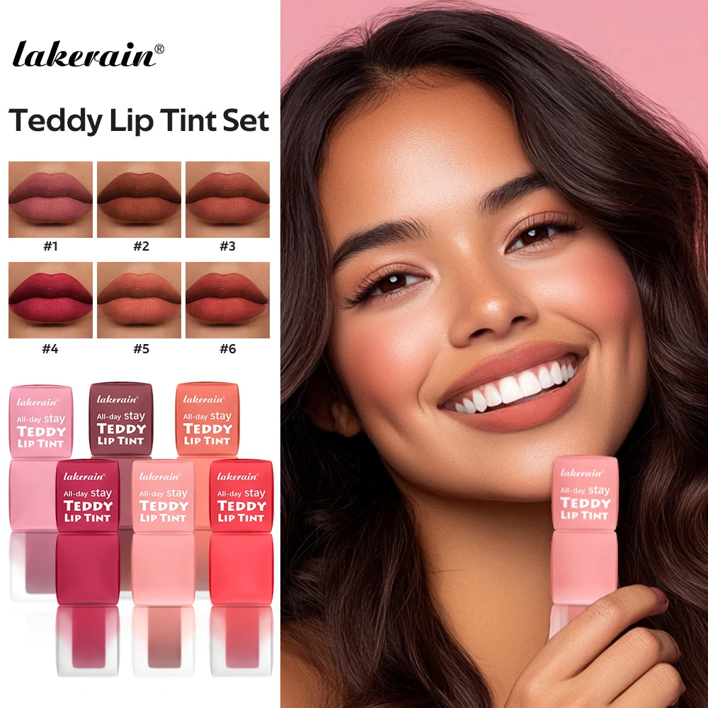 Lakerain Matte Teddy Lip Gloss Set – 6 Long-Lasting Waterproof Shades, Non-Stick & Smudge-Resistant Finish
