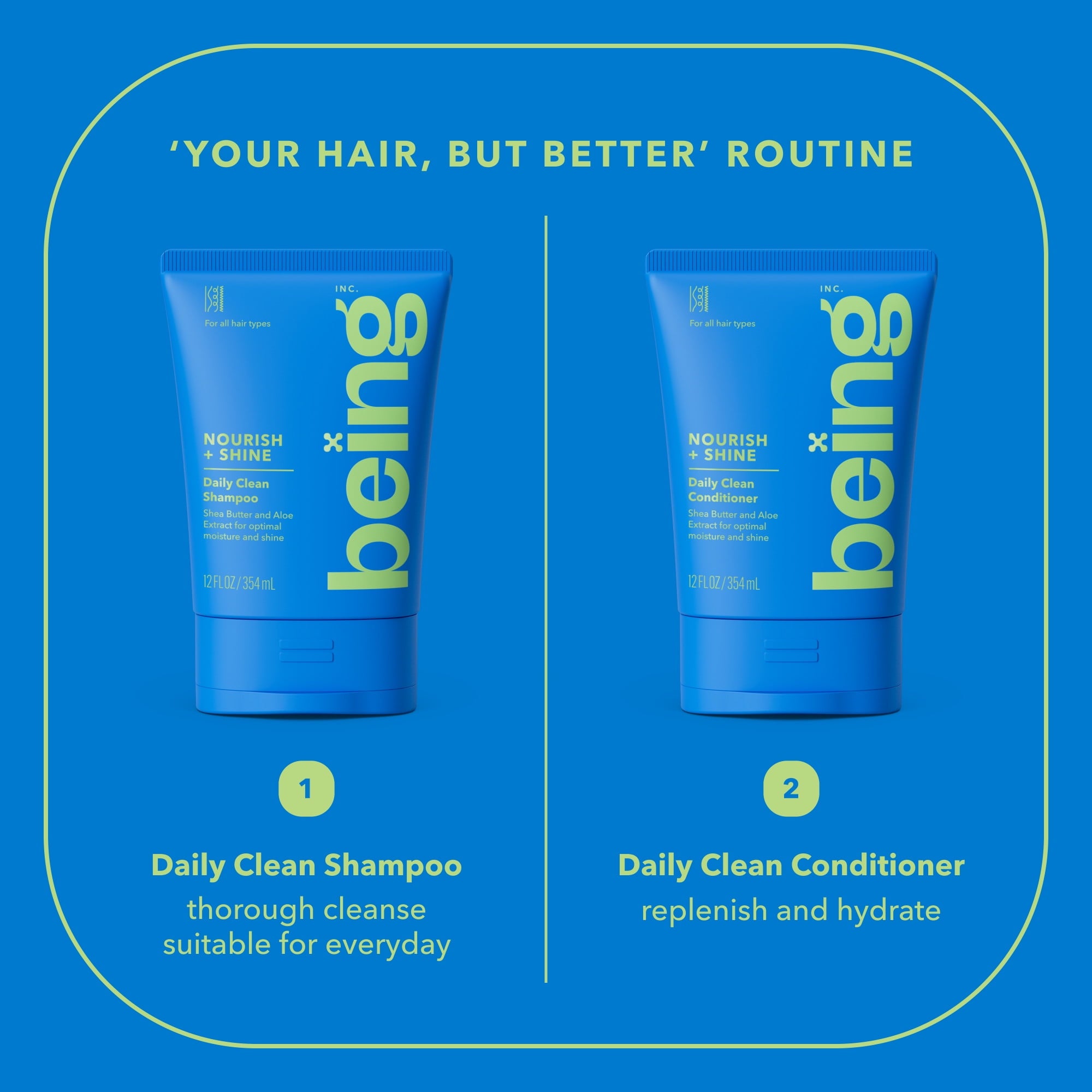 Being NOURISH + SHINE Daily Clean Shampoo – Shea & Aloe Extract for All Hair Types, 12 fl oz